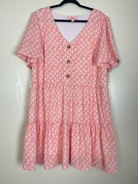 EVRI peach and white Floral Button-Front Tiered Dress 1x